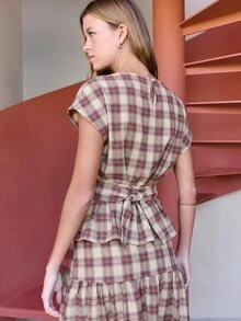Nöista Plaid Tie Waist Top & Skirt Two Pieces Set - Red - View 6