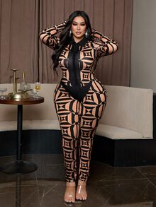 NU&NOW Plus Size Women Sexy Hollow Mesh Print Waist-Cinched Body-Hugging Jumpsuit Fall - Multicolor - View 6