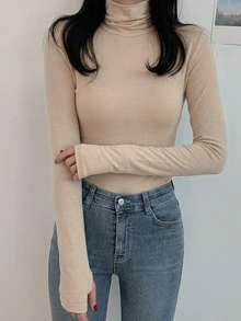 DAZY 女款高領修身長袖百搭T恤 - 杏色 - 查看 5