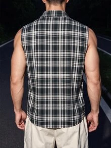 TONEVAULT 男士格紋單排扣休閒口袋背心 - 黑與白 - 查看 2