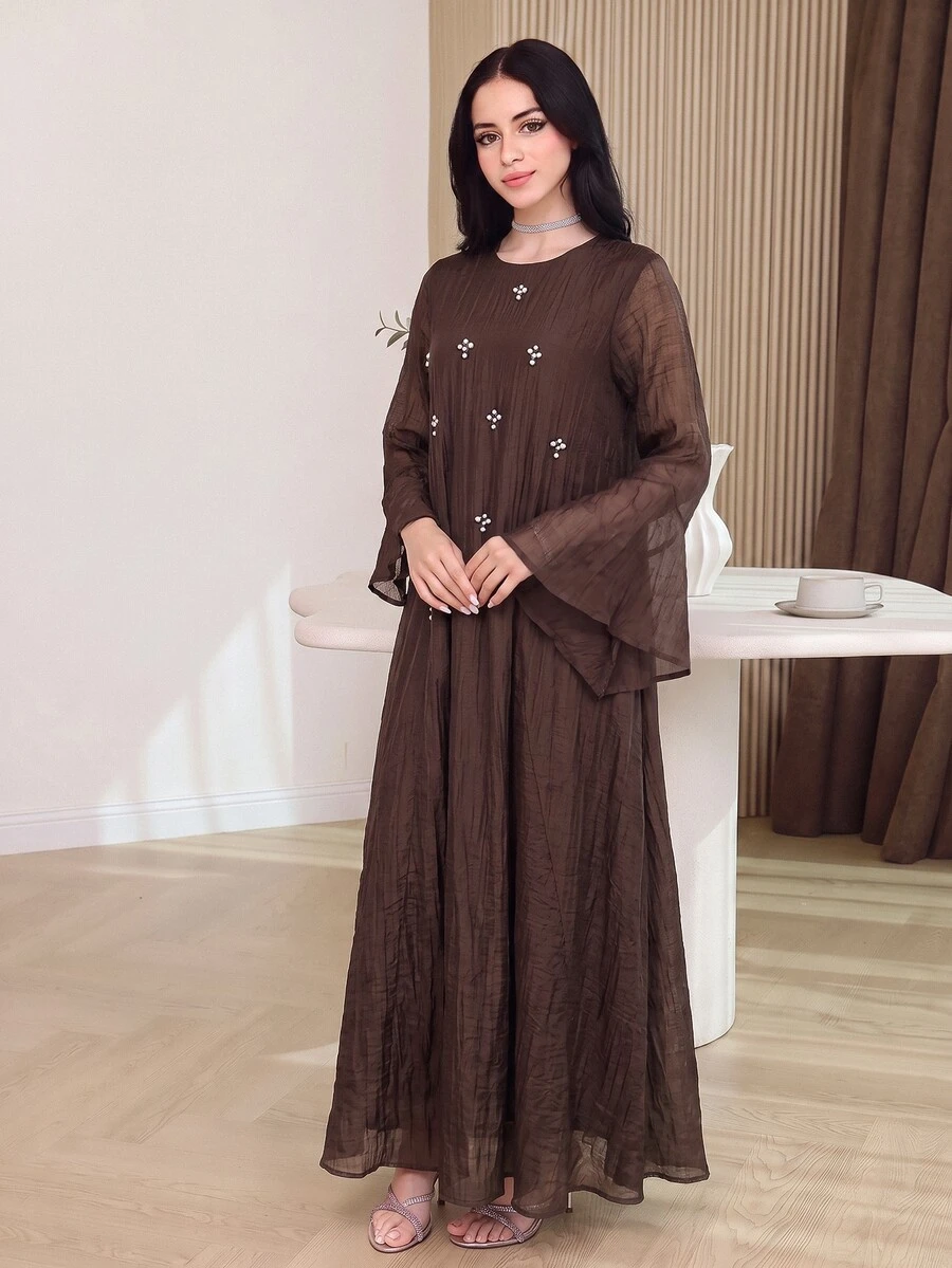 Yasmyna Women's Elegant Textured Rhinestone Arabian Dress - Coffee Brown - View 1