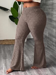 Slaydiva 大尺碼女款純色休閒日常喇叭褲 - 咖啡棕 - 查看 5