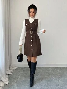 Elenzga 女款優雅時尚復古燈芯絨V領金屬扣飾無袖紋理短洋裝 - 咖啡棕 - 查看 7