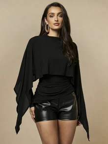 Silquee Women's Solid Color Round Neck Patchwork Ruffle Pleated Fashion Top - Black - View 1