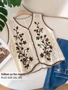 CosyJoli Plus Size Summer Embroidered Knit Cardigan Vest - Coffee Brown - View 8