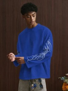 TOKVUE Men's Young Casual Vintage Font Print Long Sleeve T-Shirt - Dusty Blue - View 5