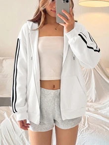 SHEIN Girlism 青少年女孩深白色開襟連帽寬鬆休閒秋季運動衫，簡約休閒，運動風 - 白色 - 查看 6