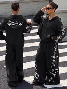 Muchica Women's Street Letter Print Hoodie And Loose Pants Set - Black - View 3
