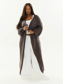MUSERA Grey Plus Size Ballon Sleeve Maxi Length Cardigan Knitwear Casual Cool Fall Winter Autumn - Grey - View 2