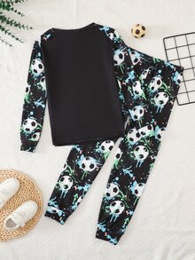SHEIN Tween Boy Soccer Smiling Face Pattern Crew Neck Long Sleeve Pants Casual Comfortable Fitted Home Sleepwear Set 2pcs - Multicolor - View 2