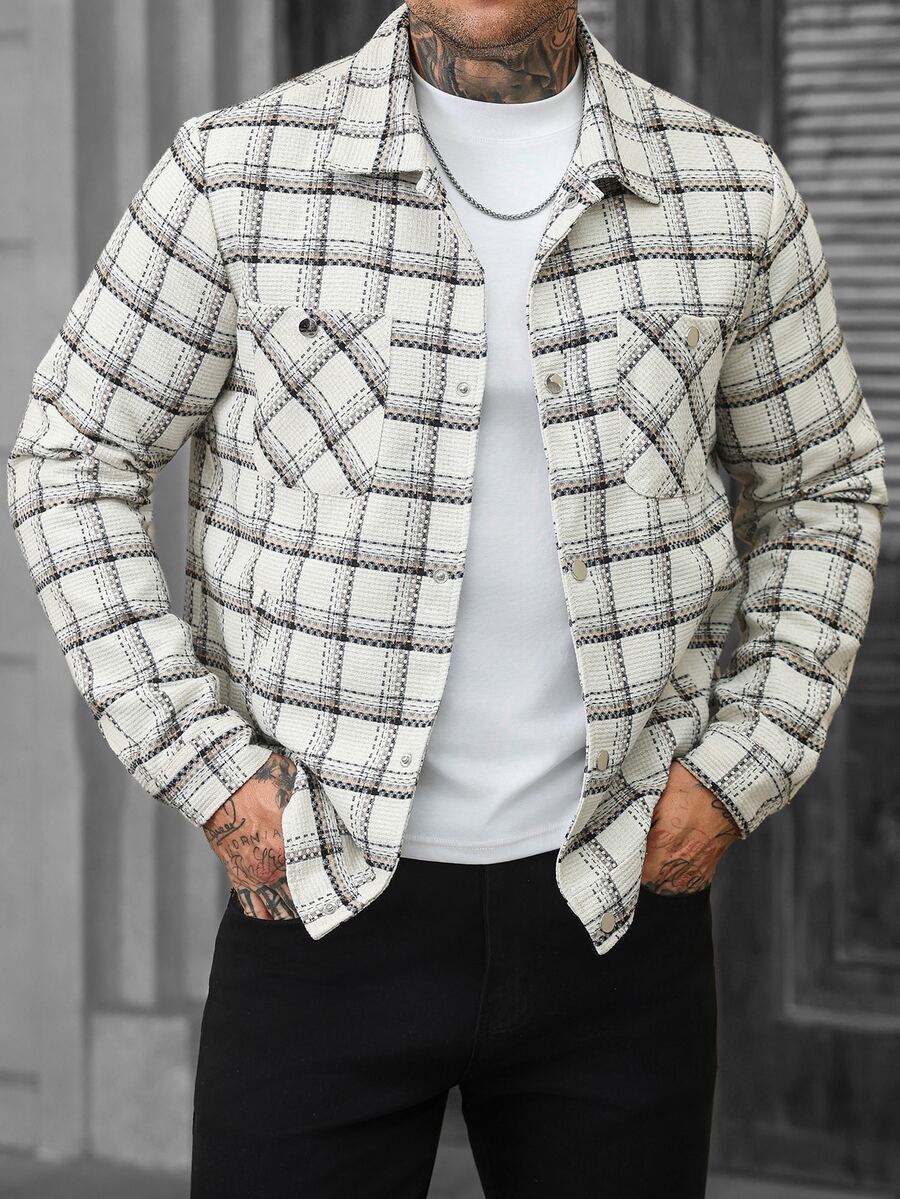 Manfinity Homme جاكيت رجالي كاجوال من مزيج الصوف، يتميز بنسيج مربعات، مناسب للارتداء اليومي في التنقل، كما أنه هدية مثالية للصديق والزوج - لون مشمشي - مشاهدة 1