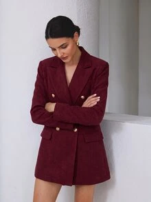 Aveloria Modichic 女款修身收腰紋理粗花呢雙排扣金鈕扣尖領優雅商務酒紅色秋季感恩節洋裝 - 紅色 - 查看 7