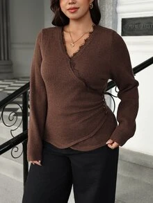 Vionelle Plus Size Women's Lace V-Neck Criss-Cross Wrap Knit Top Side Ruched Button Waist Long Sleeve Slim Fit Undershirt Party Formal Brown Autumn Elegant - Coffee Brown - View 7