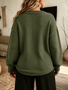 Weeklong Plus Size Women's Autumn/Winter Casual Minimalist Versatile Retro Solid Color All-Match Round Neck Drop Shoulder Loose Knit Sweater Top - Green - View 2