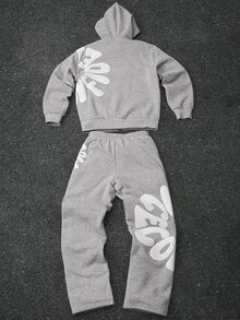 Manfinity Homme Men's Plus Size Foam Print Zip-Up Hoodie And Drawstring Waist Long Pants Set - Grey - View 2