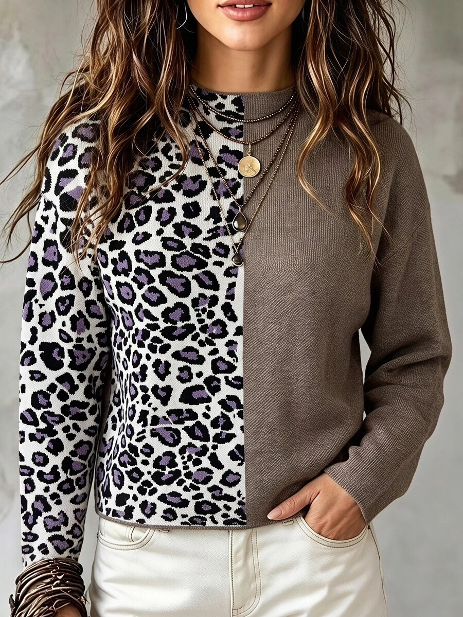 SHEIN Women's Casual Leopard Print Patchwork Sweater, Autumn/Winter - Multicolor - View 1
