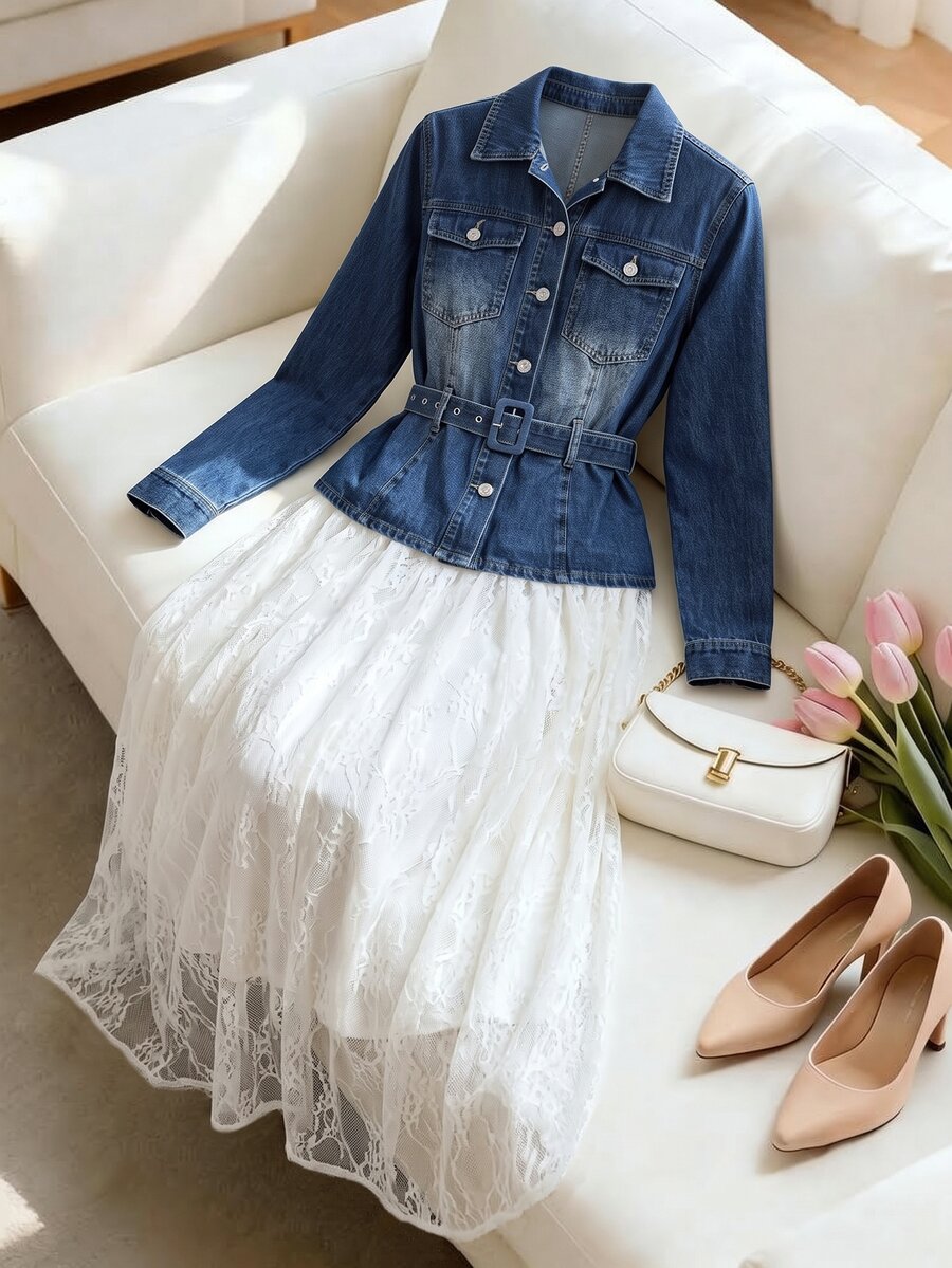 GlowEve CURVE Plus Size Button Long Sleeve Lace Patchwork Denim Dress
