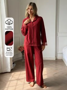 DAZY Women's Lace Patchwork Long Sleeve Top And Pants Casual Daily Home Sleepwear Set - Red - View 3