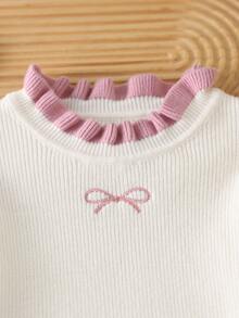 SHEIN Young Girl Sweet Embroidery Ruffle Trim Sweater Autumn Winter - Beige - View 4