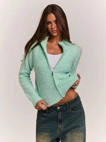 SHEIN BAE كارديجان نسائي كاجوال بسحاب أمامي، خريف/شتاء، أسلوب العقد الأول من القرن الحادي والعشرين - أخضر - مشاهدة 4