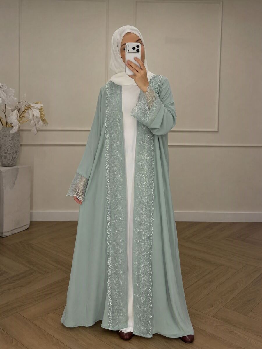 Yasmyna Women's Lace Trim Casual Loose Elegant Fashion 2 Pieces Robe Set - Mint Green - View 1