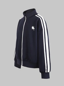 SHEIN Tween女孩休閒運動學院風拼色織帶Logo印花海軍藍立領夾克，百搭日常返校外套 - 藏蓝色 - 查看 3
