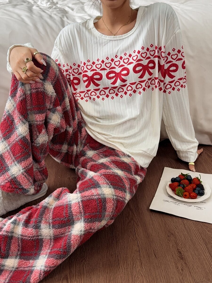 Napfluff Fleece Ribbed Top & Long Fur Red Plaid Pants Casual Cuffed Women's Pajama Set - Apricot - View 1