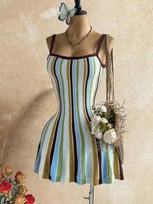 Soleia Colorblock Textured Beach-Style Cinched Waist Slim Fit Asymmetrical Hem Ruffle Trim Flattering Elegant Cami Dress For Casual Wear, Commute, Afternoon Tea, Date And Vacation - Multicolor - View 4