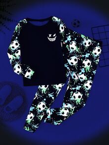 SHEIN Tween Boy Soccer Smiling Face Pattern Crew Neck Long Sleeve Pants Casual Comfortable Fitted Home Sleepwear Set 2pcs - Multicolor - View 1