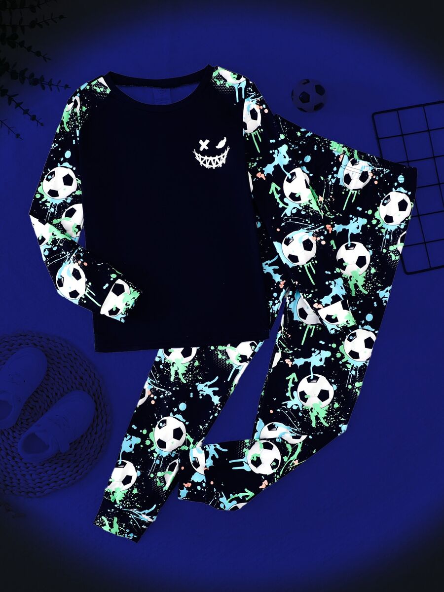 SHEIN Tween Boy Soccer Smiling Face Pattern Crew Neck Long Sleeve Pants Casual Comfortable Fitted Home Sleepwear Set 2pcs - Multicolor - View 1