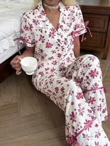 CottageSlumber Women's 100% Cotton Ditsy Floral Lapel Pajama Set, Bowknot Decor Short Sleeve Long Pants 2 Pieces Loungewear - Pink - View 5