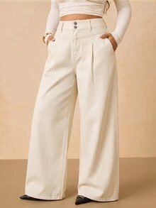 SHEIN Tall CURVE 大尺碼女款高腰口袋寬腿寬鬆休閒牛仔褲 - 卡其色 - 查看 6