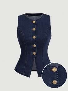 SHEIN MOD Atasan Rompi Denim Kasual Wanita Kerah Bulat dengan Kancing Logam Tunggal - Dark Wash - View 2