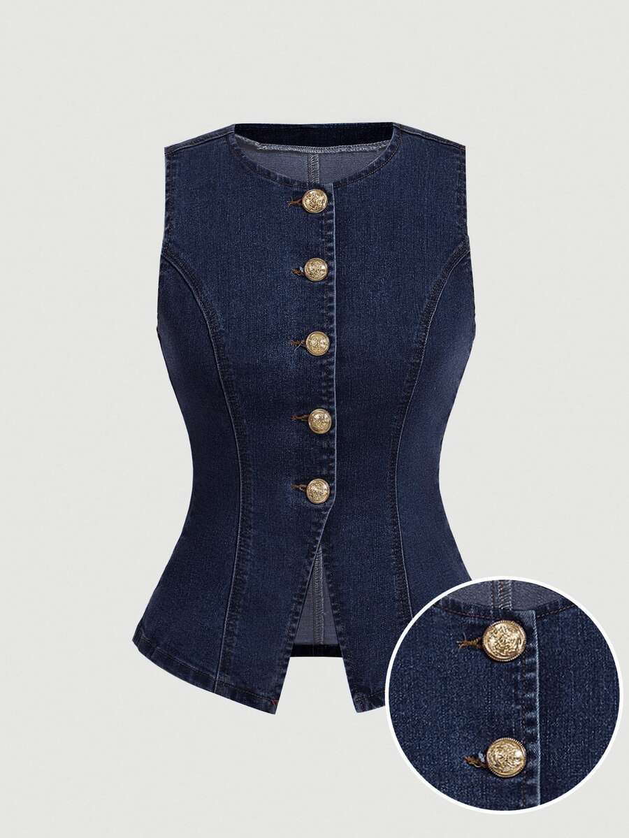 SHEIN MOD Atasan Rompi Denim Kasual Wanita Kerah Bulat dengan Kancing Logam Tunggal