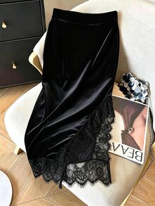 CHARMVALE Autumn/Winter New Elegant Lace Trim Spliced Velvet Women's Skirt - Black - View 1