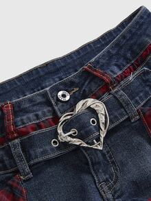 ROMWE Spring Summer Autumn Y2K Retro Plaid Heart Button Decor Casual Mini Denim Shorts For Women - Medium Wash - View 3