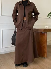DAZY طقم نسائي للخريف بأسلوب التنقل اليومي، جاكيت فضفاض كاجوال بياقة & بنطلون ساق مستقيمة باللون البني الداكن - قهوة بني - مشاهدة 4
