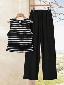 Rusticease Women's Striped Round Neck Tank Top And Wide Leg Pants Casual 2 Pieces Set - Black - View 2
