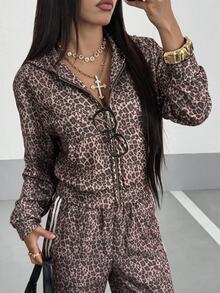 StreetHx Women's Autumn/Winter Leopard Print Fashion Loose Hooded Sweatshirt Jacket - Brown - View 1