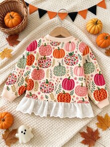 1pc Baby Girl Casual Fashion Simple Sweet Cute Halloween Leopard Print Pumpkin Pattern Round Neck Long Sleeve Ruffle Hem Pullover Top, Suitable For Autumn/Winter - Multicolor - View 2