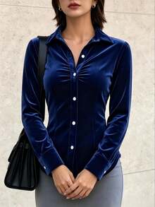 SHEIN LUNE Colored Velvet Royal Blue Button Front Ruched Decor Lapel Long Sleeve Slim Fit Waist Blouse Suitable For Office Commute Business Date Fall Elegant - Blue - View 3
