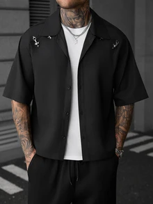 SLATEMANN Men's Solid Color Short Sleeve Single-Breasted Casual Versatile Shirt - Black - View 3
