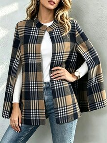 SHEIN British Style Brown Black Plaid Cape Coat Women Stand Collar Open Front Loose Wool Blend Mid Length Jacket - Khaki - View 7