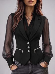 Trelyra Blazer Wanita Desain Elegan, Modis dengan Sentuhan Jala Minimalis, Potongan Pinggang Pas, Dekorasi Resleting dan Kancing Depan, Cocok untuk Pakaian Kerja dan Kantor - Hitam - View 5