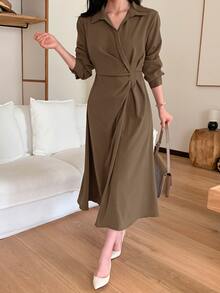 DAZY Women's Casual Solid Color Waist-Cinching Mid-Length Dress, Autumn - Brown - View 5