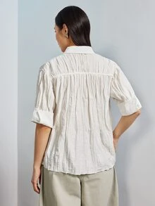 MERLEAU Women's Modern White Pleated Casual Loose Fit Shirt - White - View 2