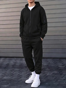 SHEIN 2件組兒童青少年男孩連帽衛衣秋季外套與黑色印花長褲休閒運動寬鬆套裝，適合戶外運動與上學 - 黑色 - 查看 4