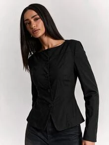 SHEIN BAE 女款純色長袖單排扣休閒通勤西裝外套 - 黑色 - 查看 6