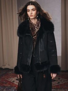 Anewsta Women Faux Shearling Jacket With Faux Fur Collar, Belted Waist & Asymmetric Zip - Black - View 4