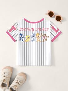 LOONEY TUNES X SHEIN Baby Girl Striped Cartoon Print Round Neck Short Sleeve Top - White - View 2